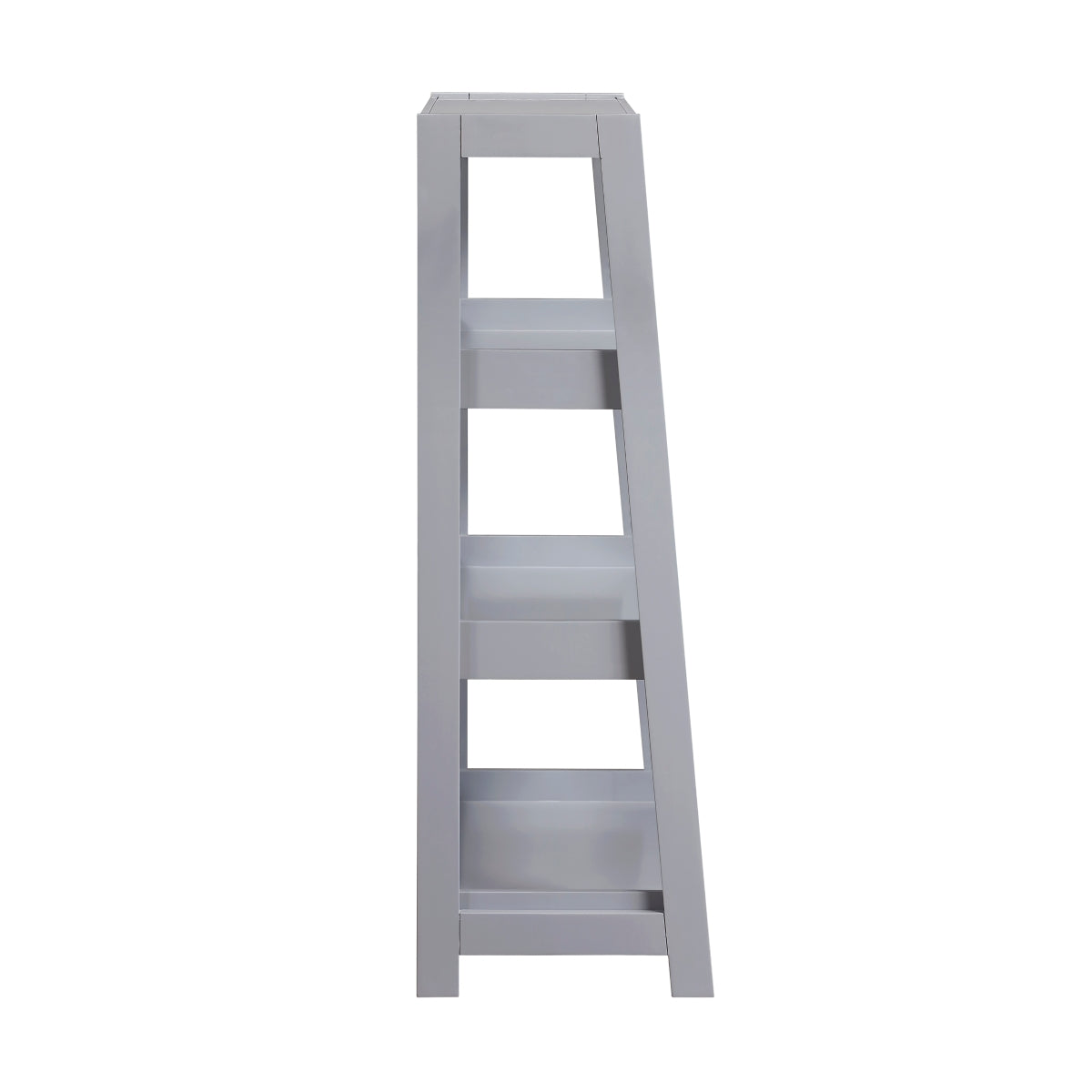 Grey 3-shelf wooden bookcase by Monarch Specialties, showing side view with open shelves for books and decor.