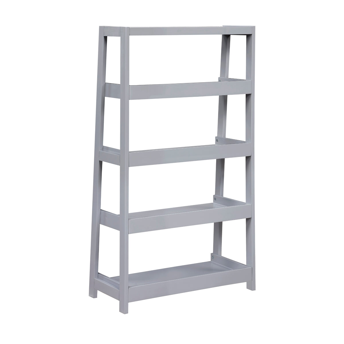 Grey wooden 4-shelf bookcase by Monarch Specialties, showing the back view with open shelves and sturdy construction.