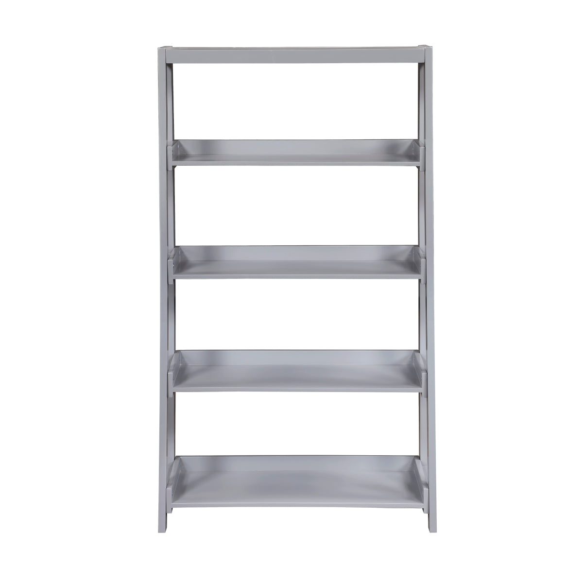 Grey wooden 4-shelf bookcase by Monarch Specialties with open shelves, ideal for storing books and decorative items.