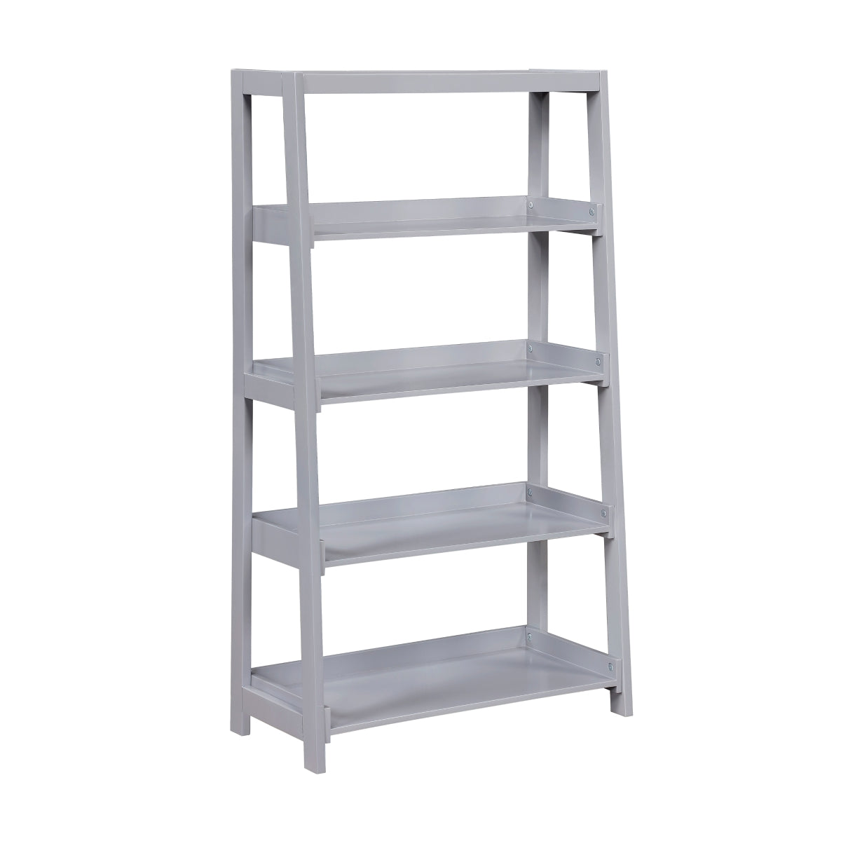 Grey wooden 4-shelf bookcase by Monarch Specialties with open shelves and a modern design, shown from a side angle.