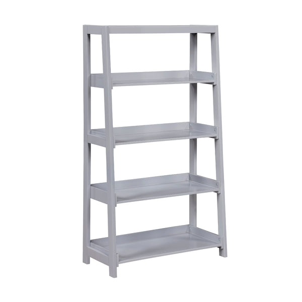 Grey wooden 4-shelf bookcase by Monarch Specialties with open shelves and a modern design, shown from a side angle.
