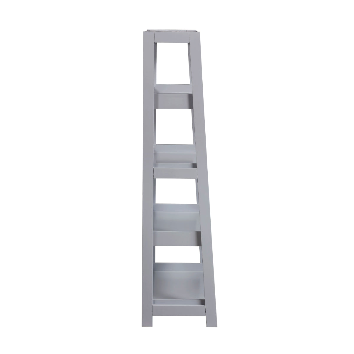 Grey wooden 4-shelf bookcase by Monarch Specialties, showing side view with open shelves for books and decor storage.