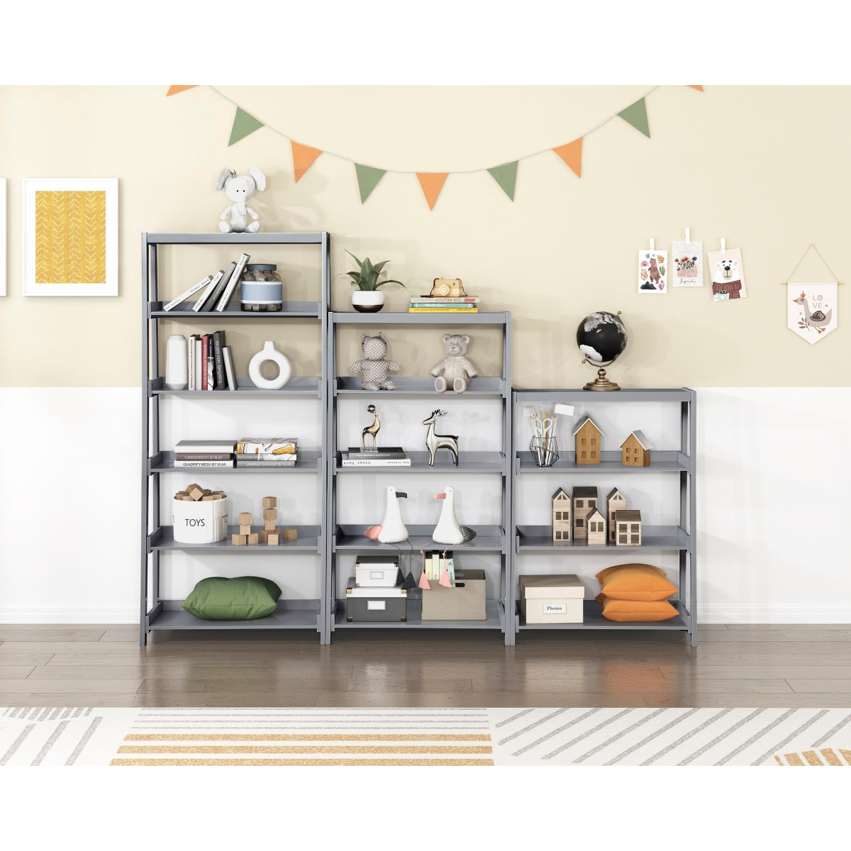 Grey Monarch Specialties 5-shelf wooden bookcase with open shelving, showcasing a sturdy and stylish storage solution.