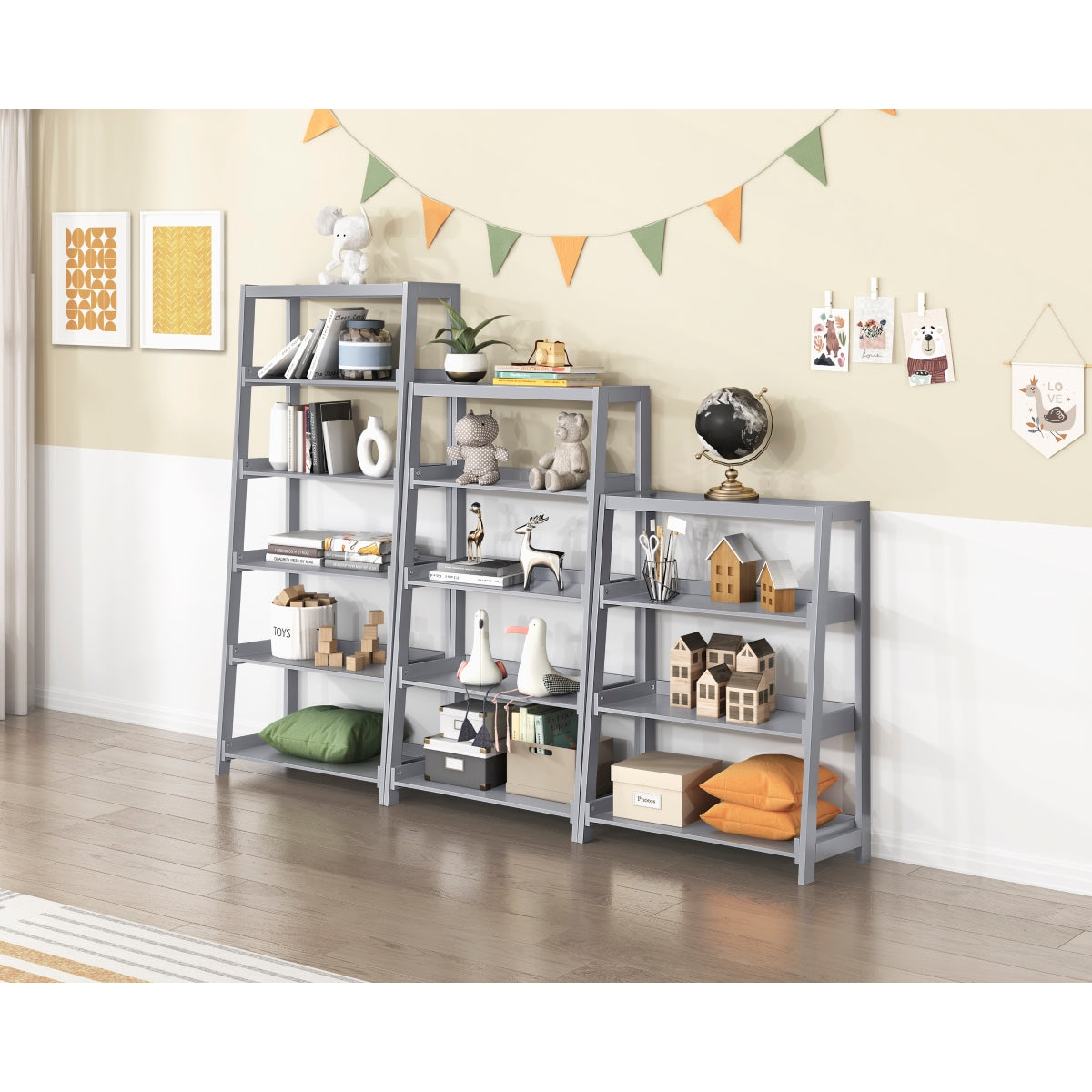 Gray Monarch Specialties 5-shelf wooden bookcase with open shelves, ideal for storing books and decorative items.
