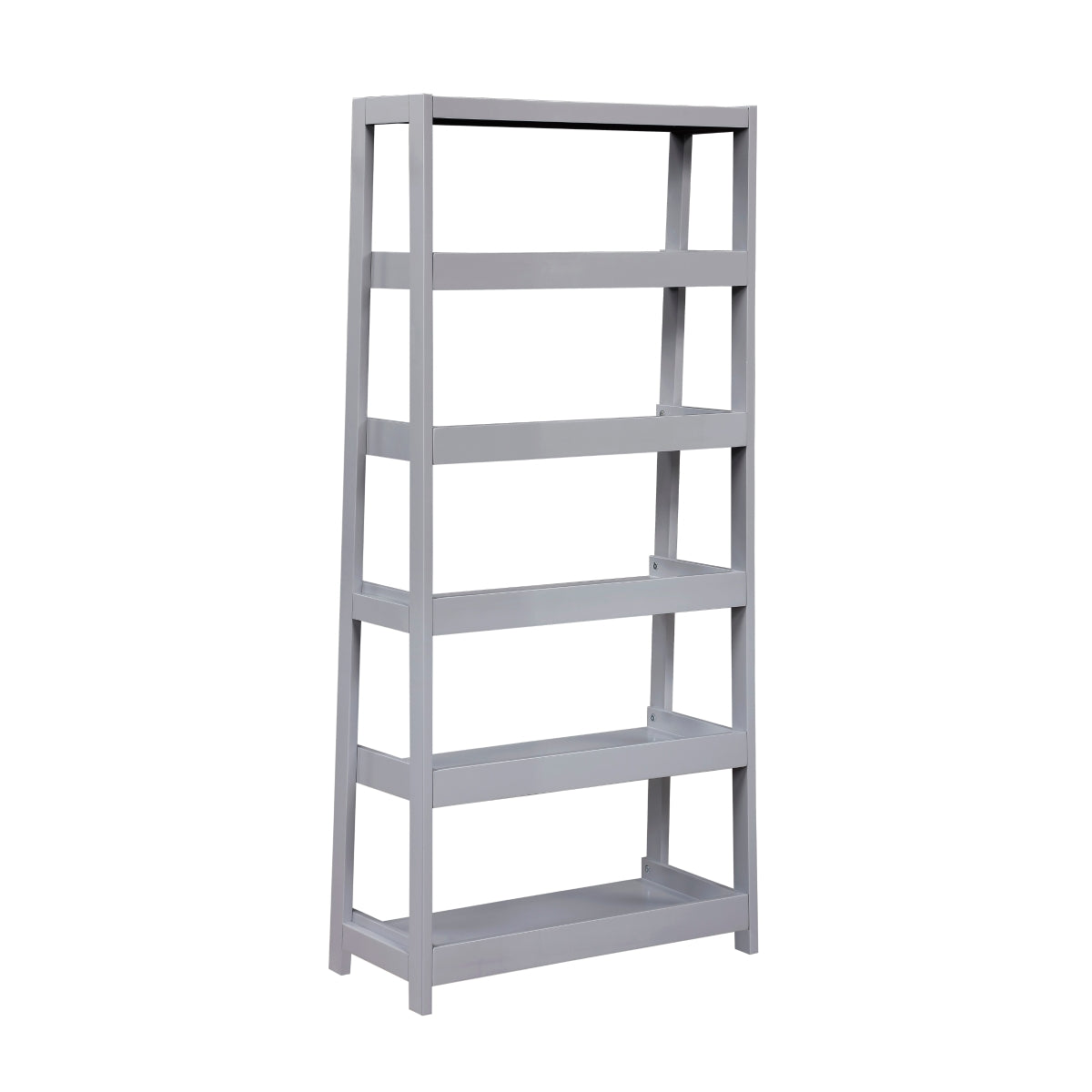 Grey wooden 5-shelf bookcase by Monarch Specialties, showing the back view with open shelves and sturdy construction.