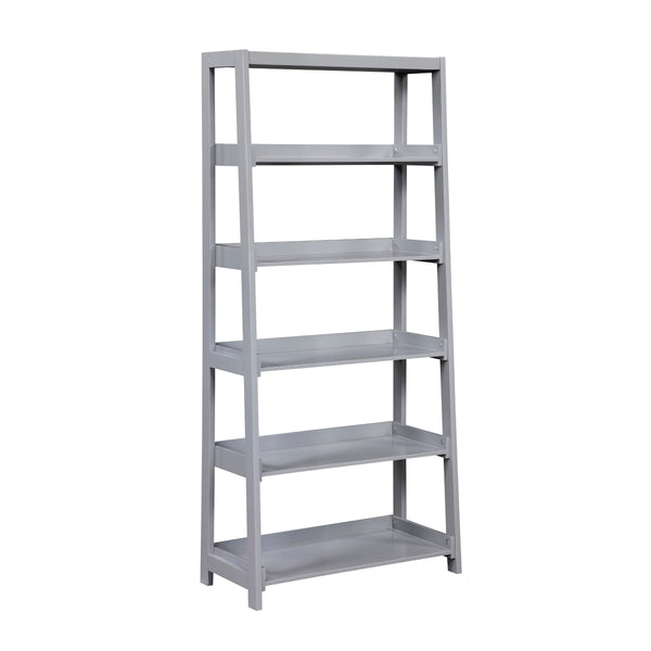 Grey Monarch Specialties 5-shelf wooden bookcase with open shelving, side view showing sturdy design and natural wood finish.