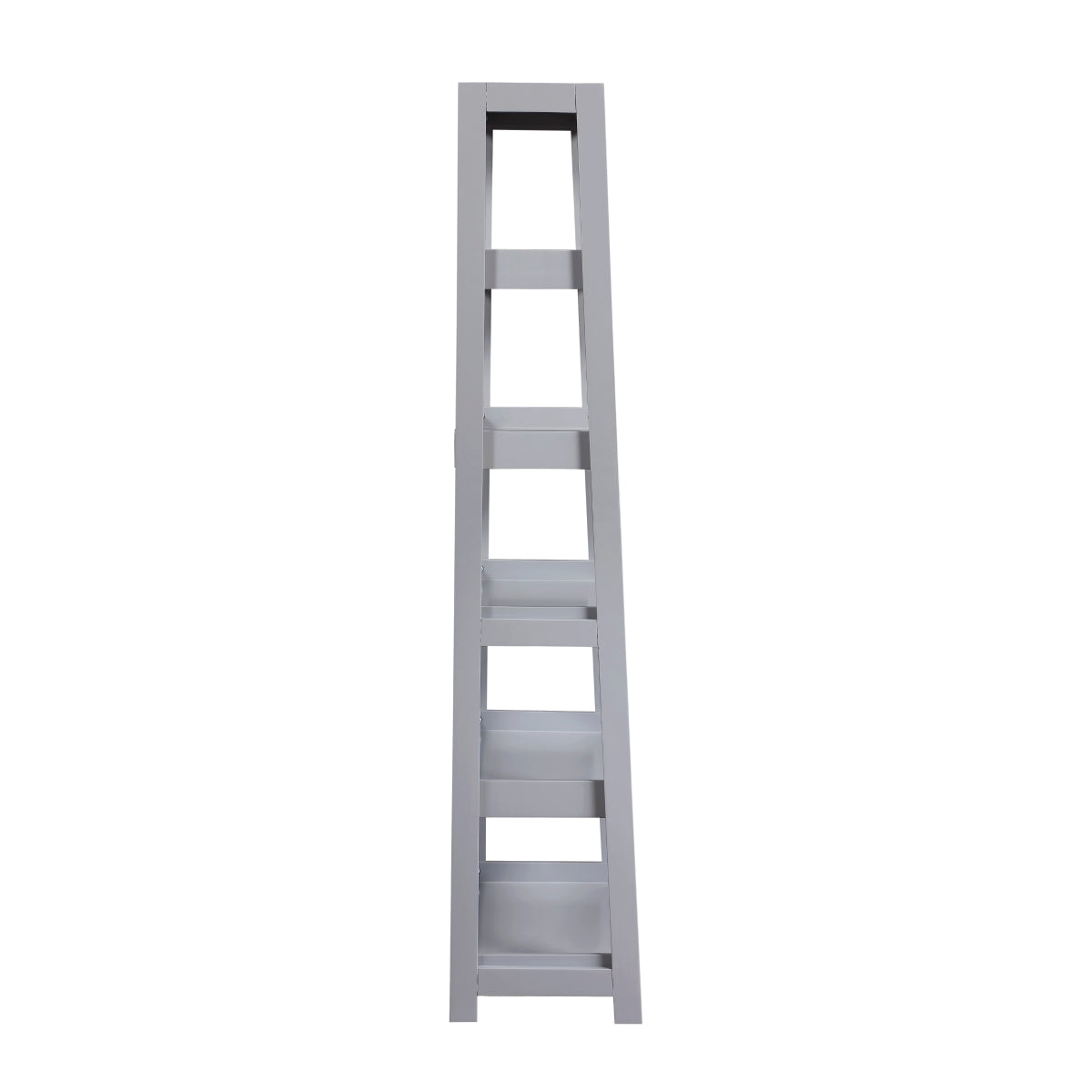 Side view of a grey Monarch Specialties 5-shelf wooden bookcase with open shelves on a plain background.