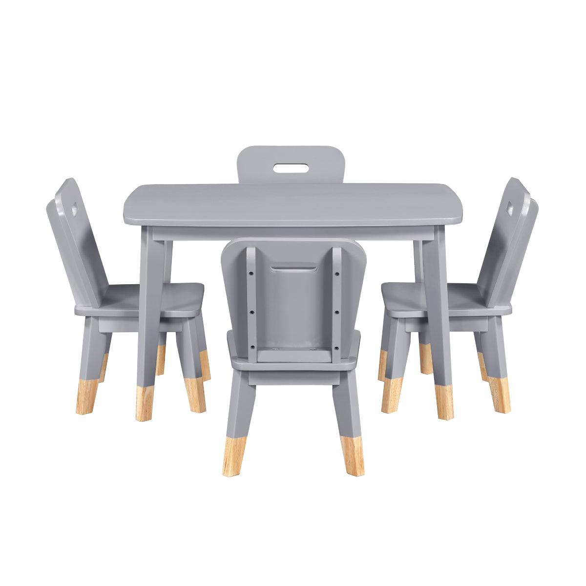 Grey MAZ Sloane Collection 5-piece kids dining table and chair set, with a table and four matching chairs, suitable for children.