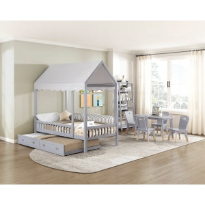 Gray kids dining table and chair set from MAZ Sloane Collection, includes 5-piece kids table and chair set for children.
