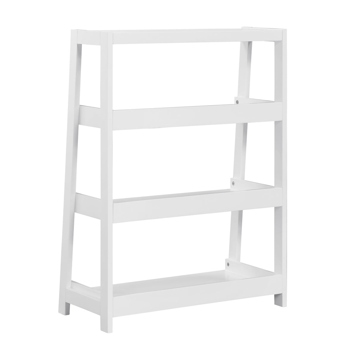 White wooden 3-shelf Monarch Specialties bookcase with a back view, showcasing its sturdy design and clean finish.