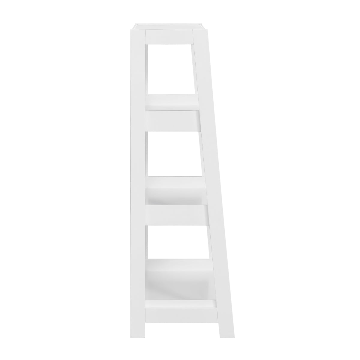 White 3-shelf wooden bookcase by Monarch Specialties, showing side view with open shelves for books and decor.