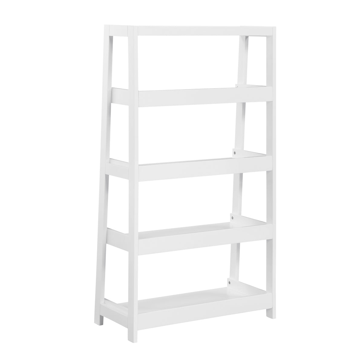 White monarch 4-shelf wooden bookcase with open back and sturdy shelves, ideal for home or office storage.