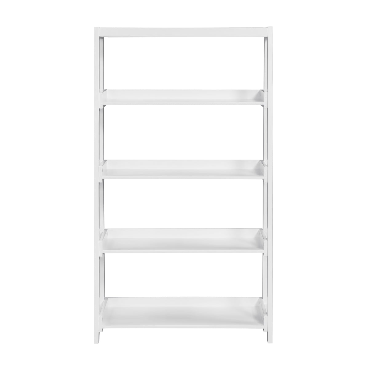 White wooden 4-shelf Monarch Specialties bookcase with open shelves for books and decorative items, shown from the front.