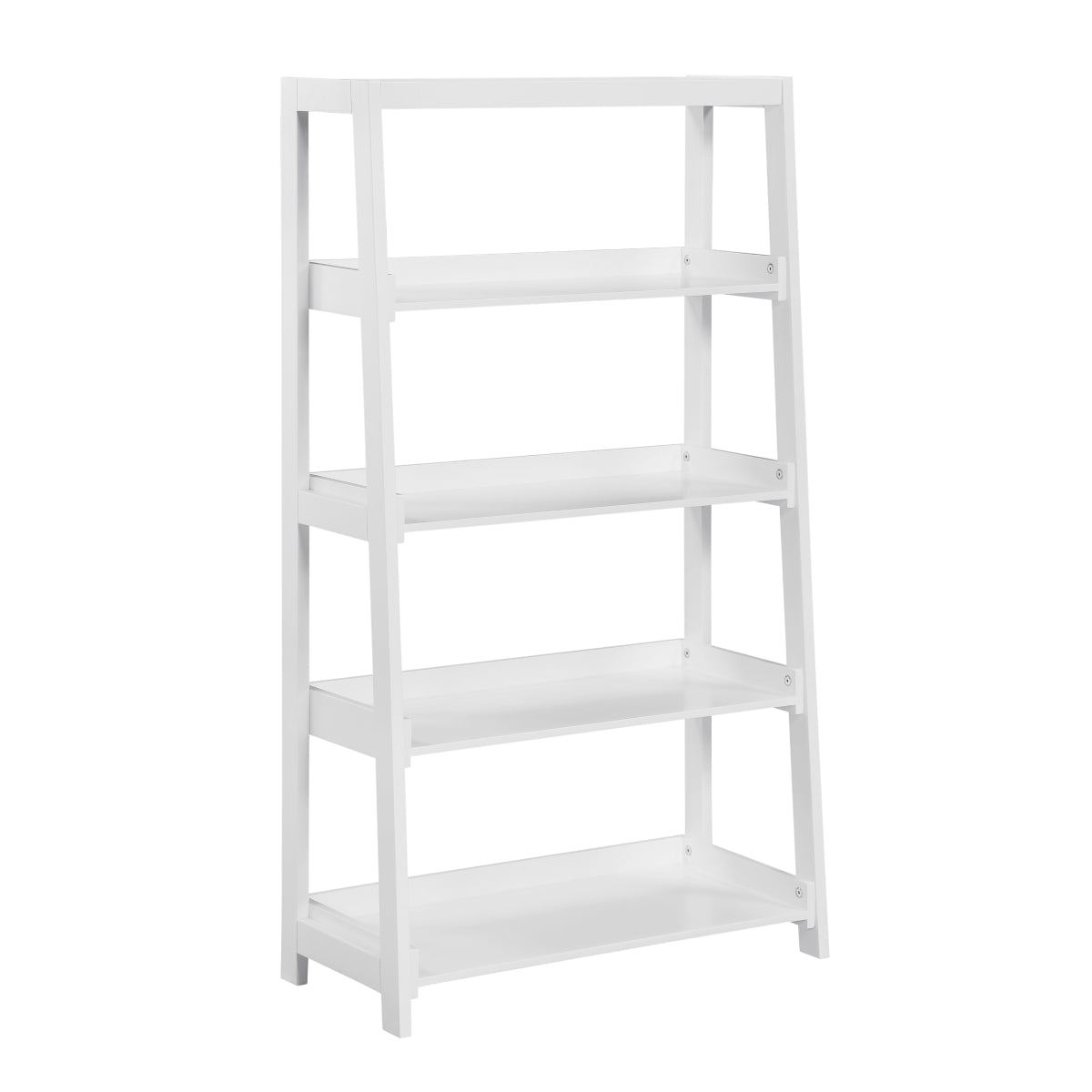 White wooden 4-shelf bookcase by Monarch Specialties, showing side view with open shelves and clean design.