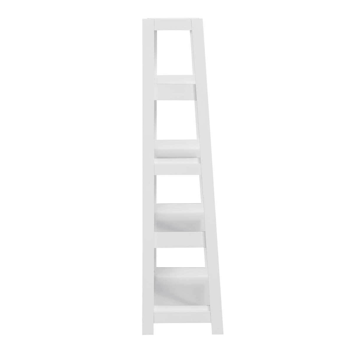 White 4-shelf wooden Monarch Specialties bookcase with side view showing sturdy shelves and modern design.