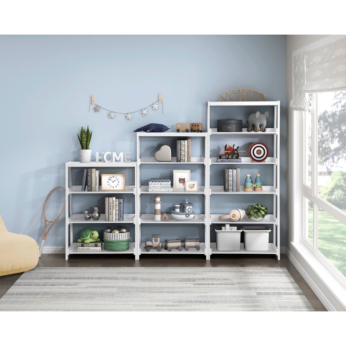 White wooden 4-shelf bookcase by Monarch Specialties, showcasing spacious shelves and sturdy design for home or office storage.