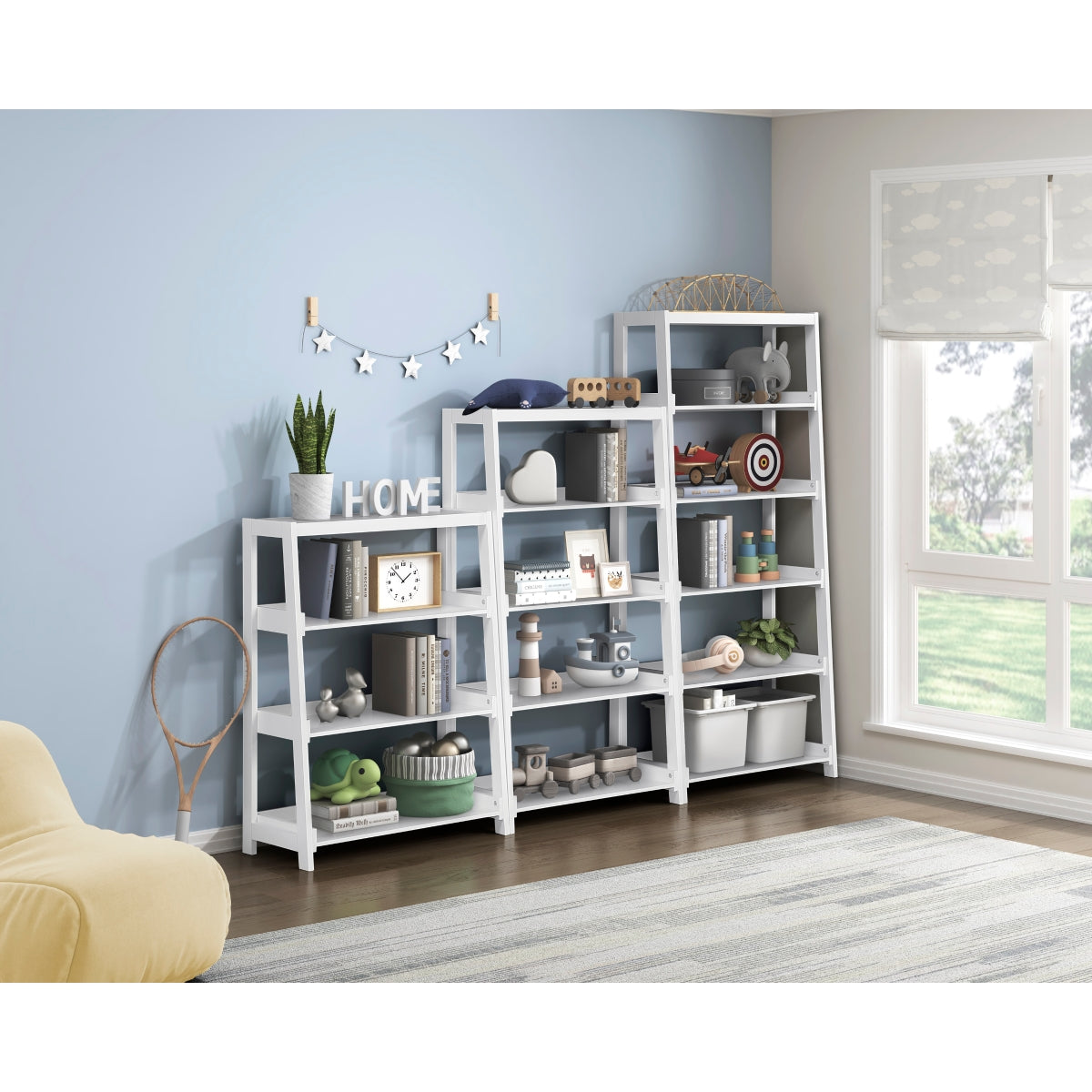White Monarch Specialties 4-shelf wooden bookcase with open shelves for books and decor storage.