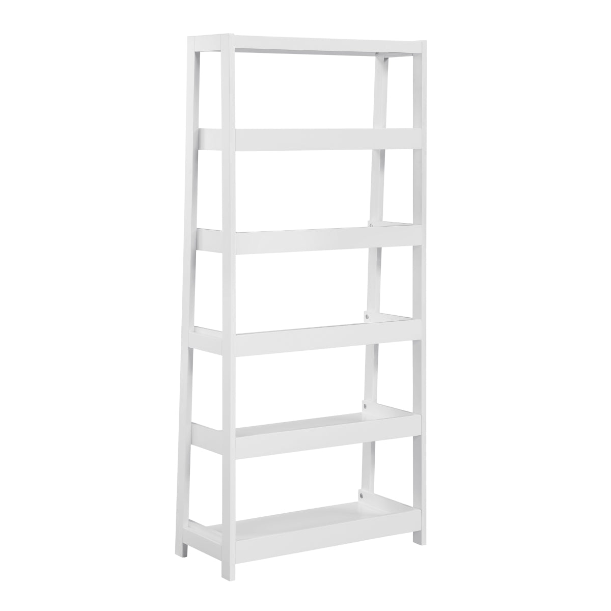 White 5-shelf wooden bookcase by Monarch Specialties with open back design and sturdy shelving for home or office use.