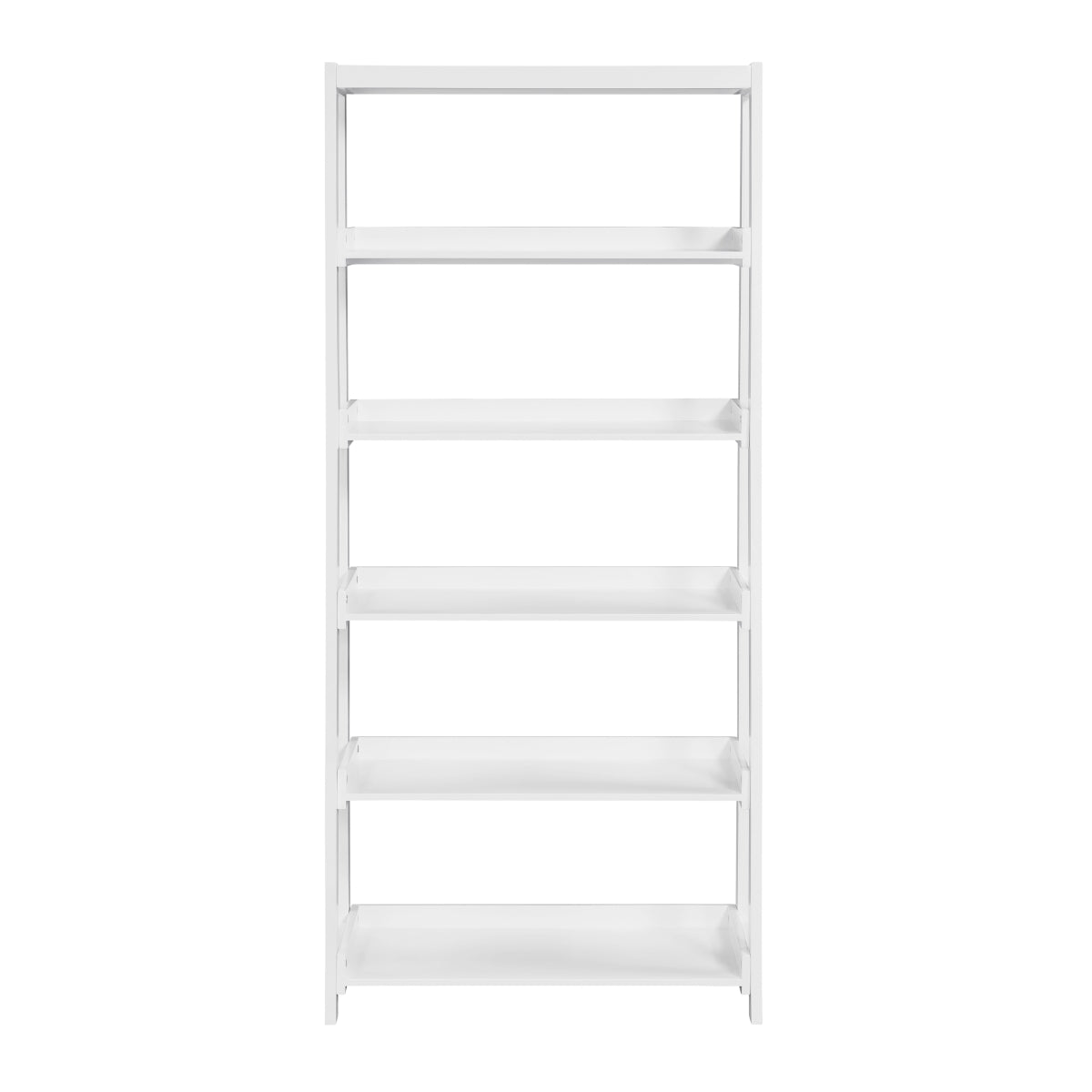 White 5-shelf wooden bookcase by Monarch Specialties with open shelves, ideal for books and decorative items.