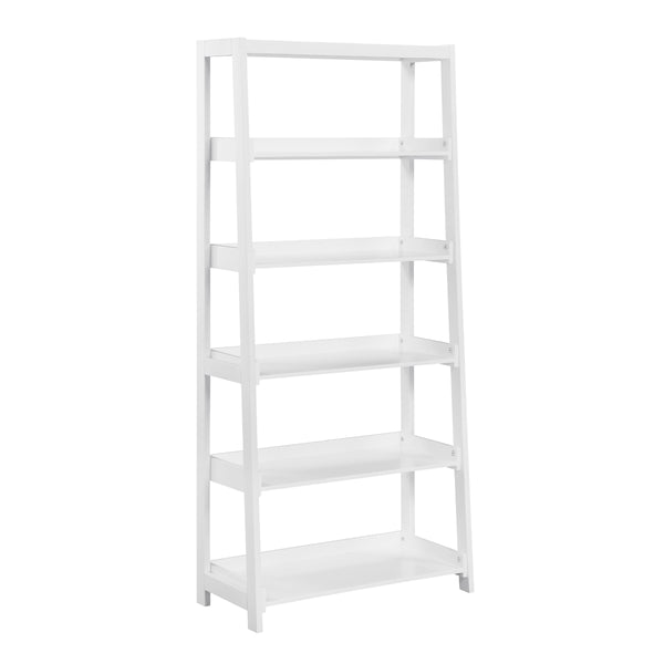 White wooden 5-shelf bookcase by Monarch Specialties, showing side view with open shelves and clean design.