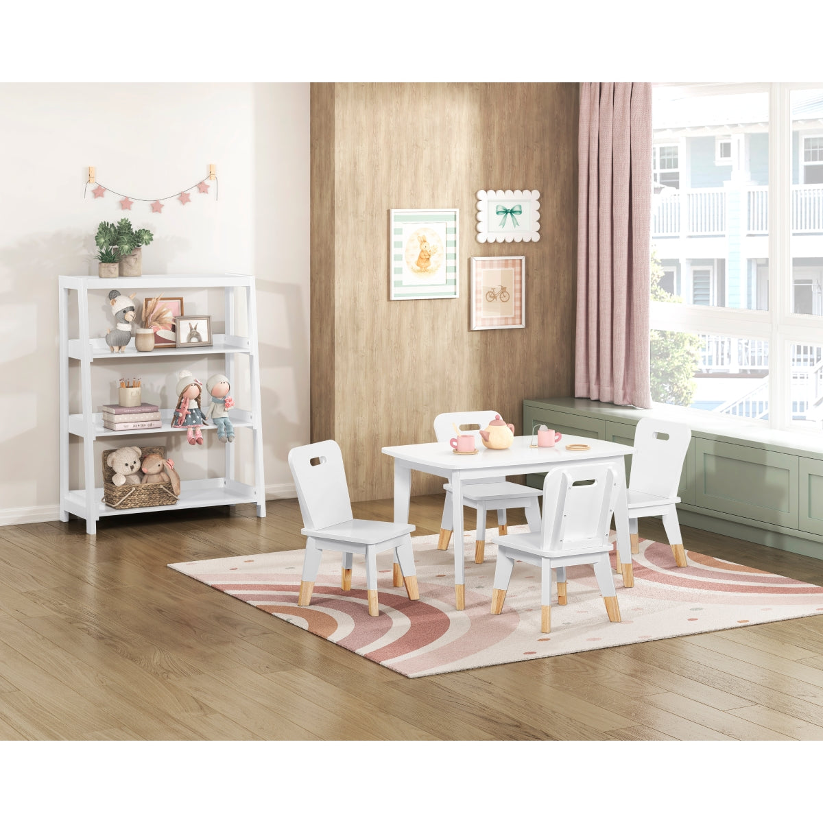 White kids dining table and chair set from MAZ Sloane Collection, includes five-piece set with sturdy table and chairs for children.