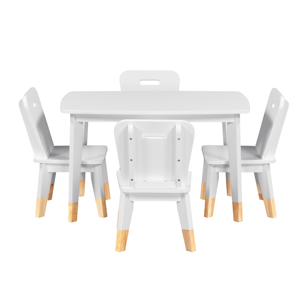 Kids dining set by MAZ featuring a white 5-piece table and chair set from the Sloane Collection, front view.