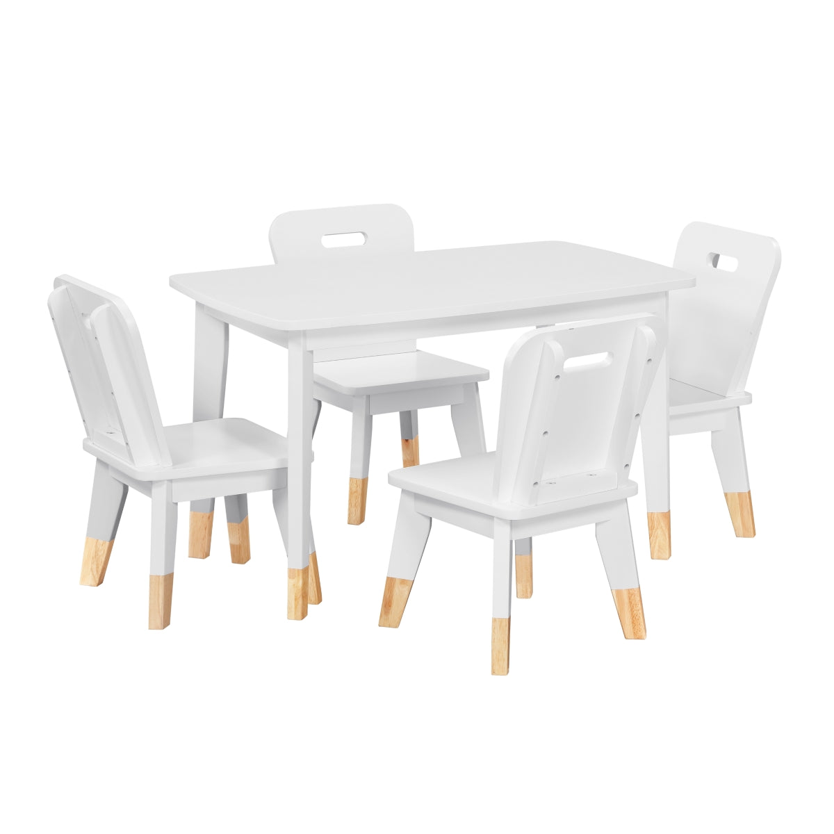 Kids dining set by MAZ featuring a white 5-piece table and chair set, shown from the side view.