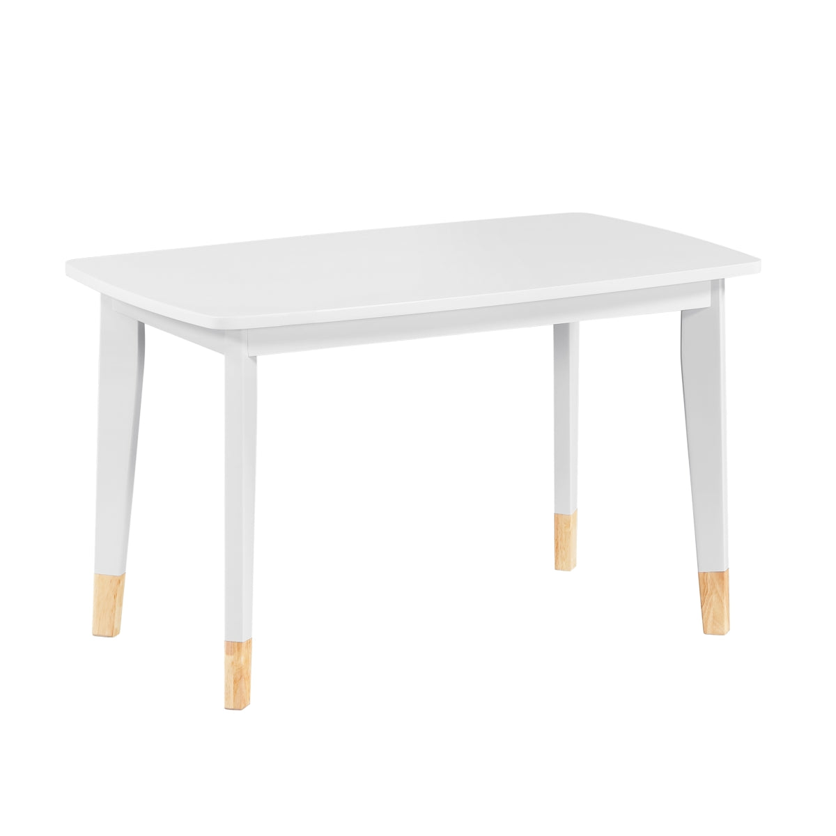Kids dining set by MAZ featuring a white 5-piece table and chair set from the Sloane Collection, shown from the side view.
