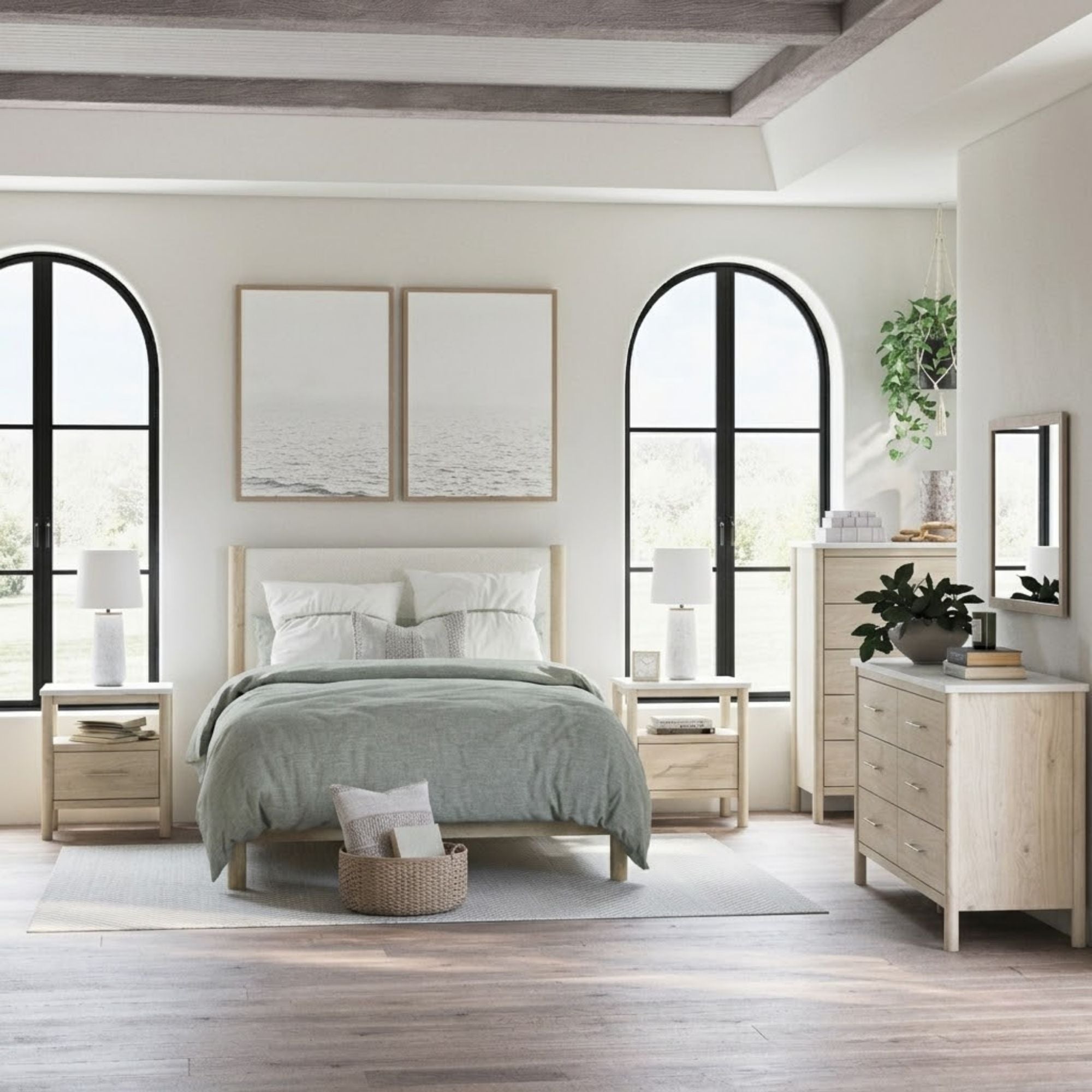 Ashley Cadmori upholstered panel bedroom set in natural finish with platform bed and matching bedroom furniture.