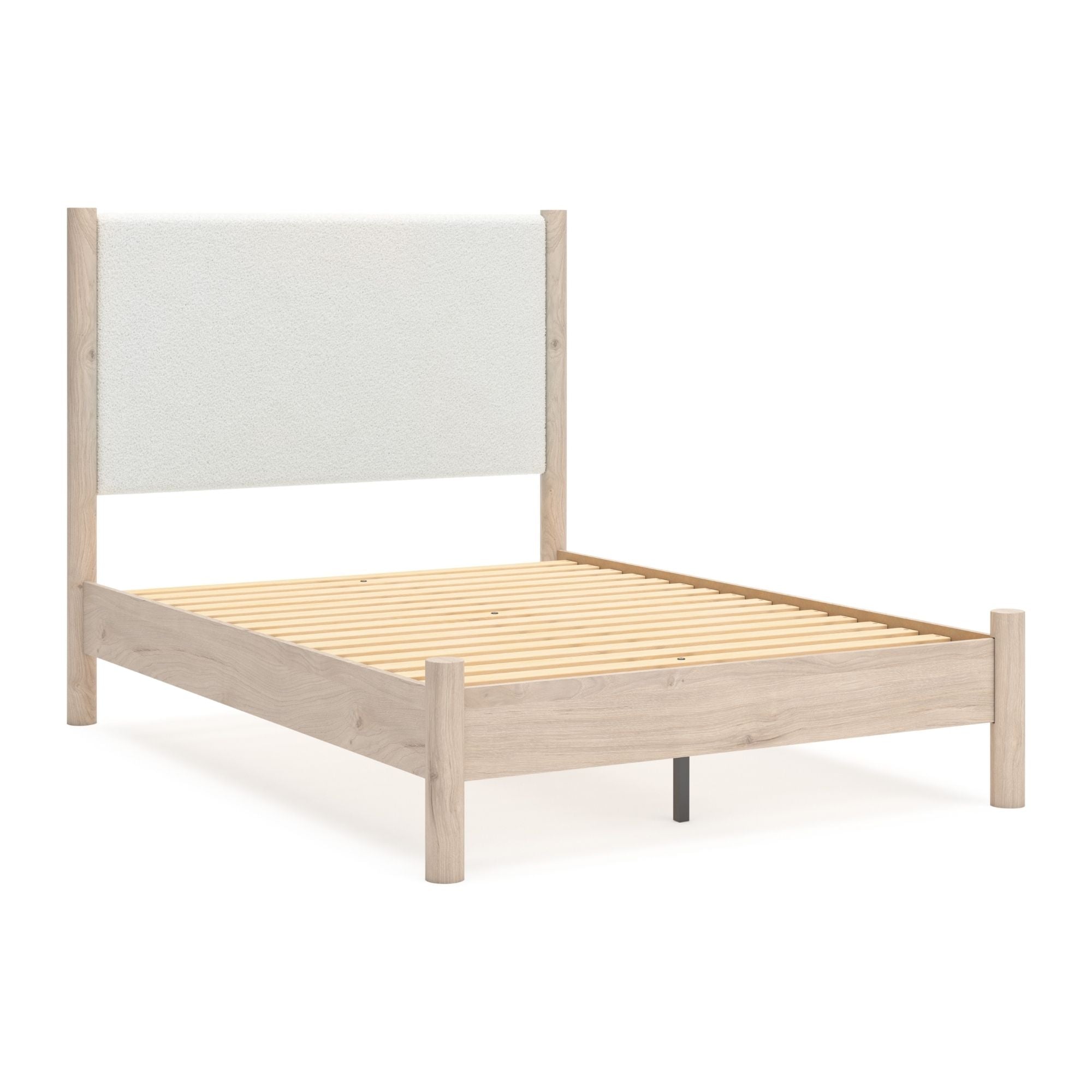 Ashley Cadmori upholstered panel platform bedroom set with natural wood finish, featuring a bed frame and matching bedroom furniture.