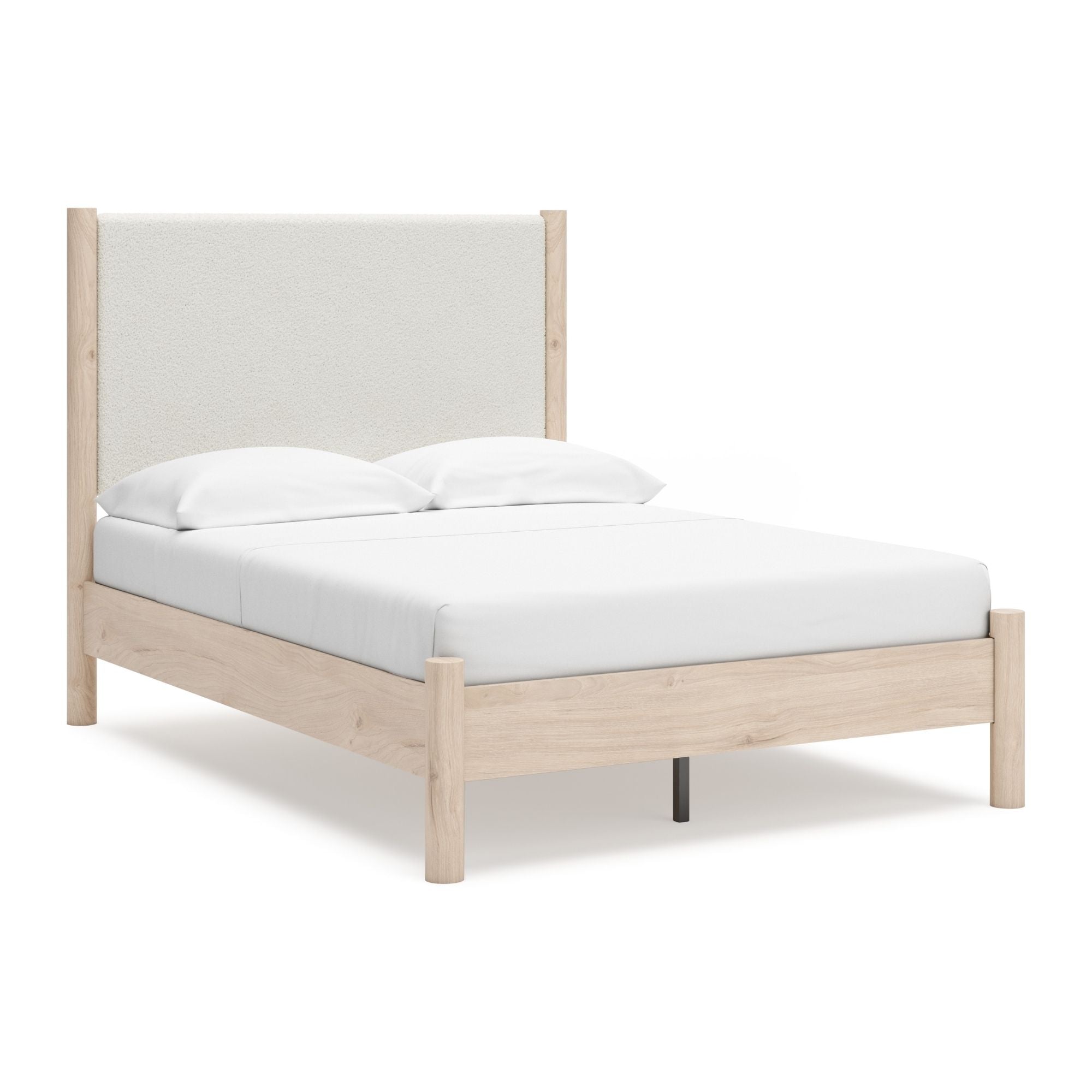 Signature Ashley Cadmori upholstered panel platform bed in natural finish, showcasing a modern bed frame with padded headboard.