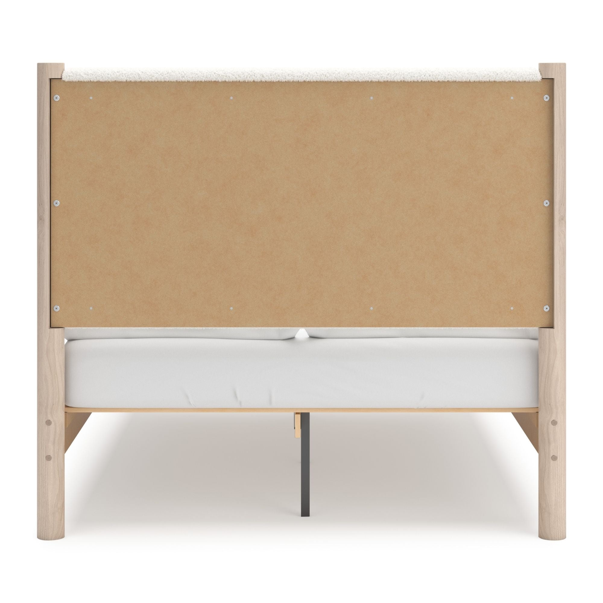 Signature Ashley Cadmori upholstered panel platform bedroom set in natural finish, featuring a bed frame with padded headboard and matching furniture.