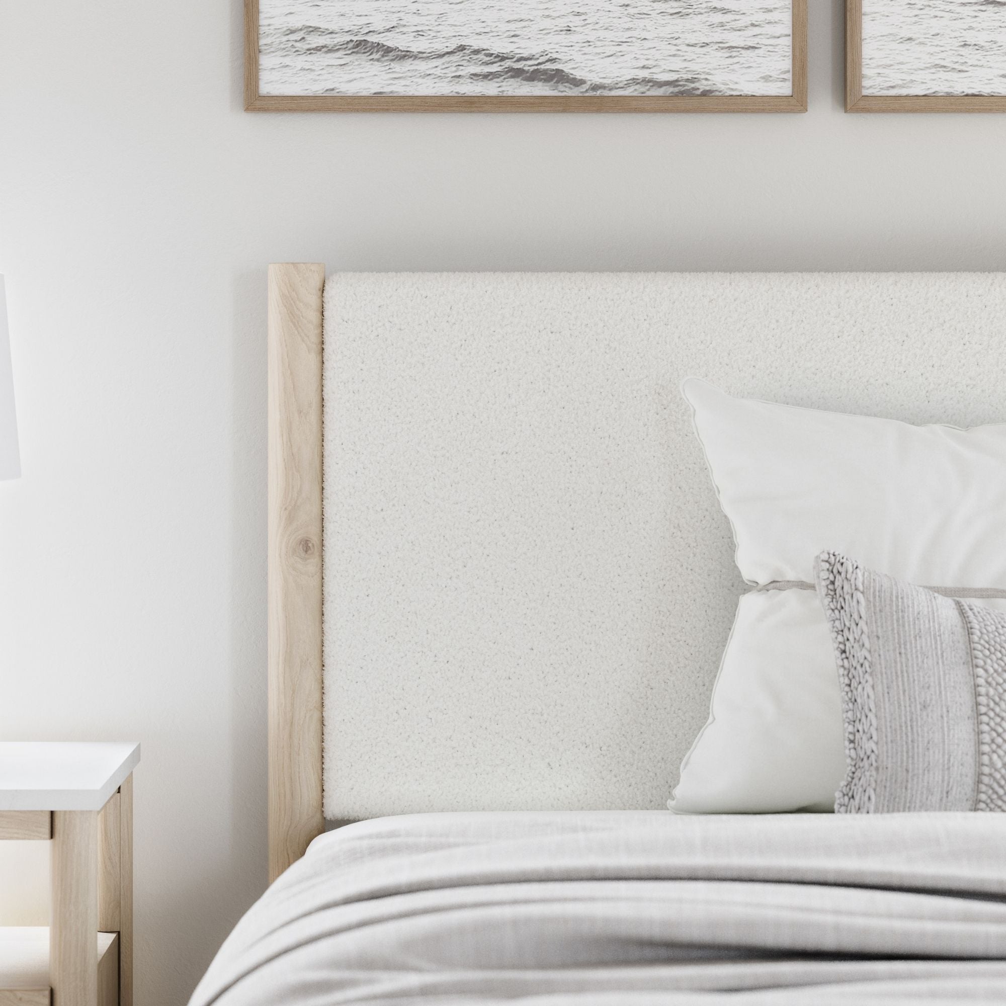 Ashley Cadmori upholstered panel bedroom set with natural finish, includes platform bed and matching bedroom furniture.