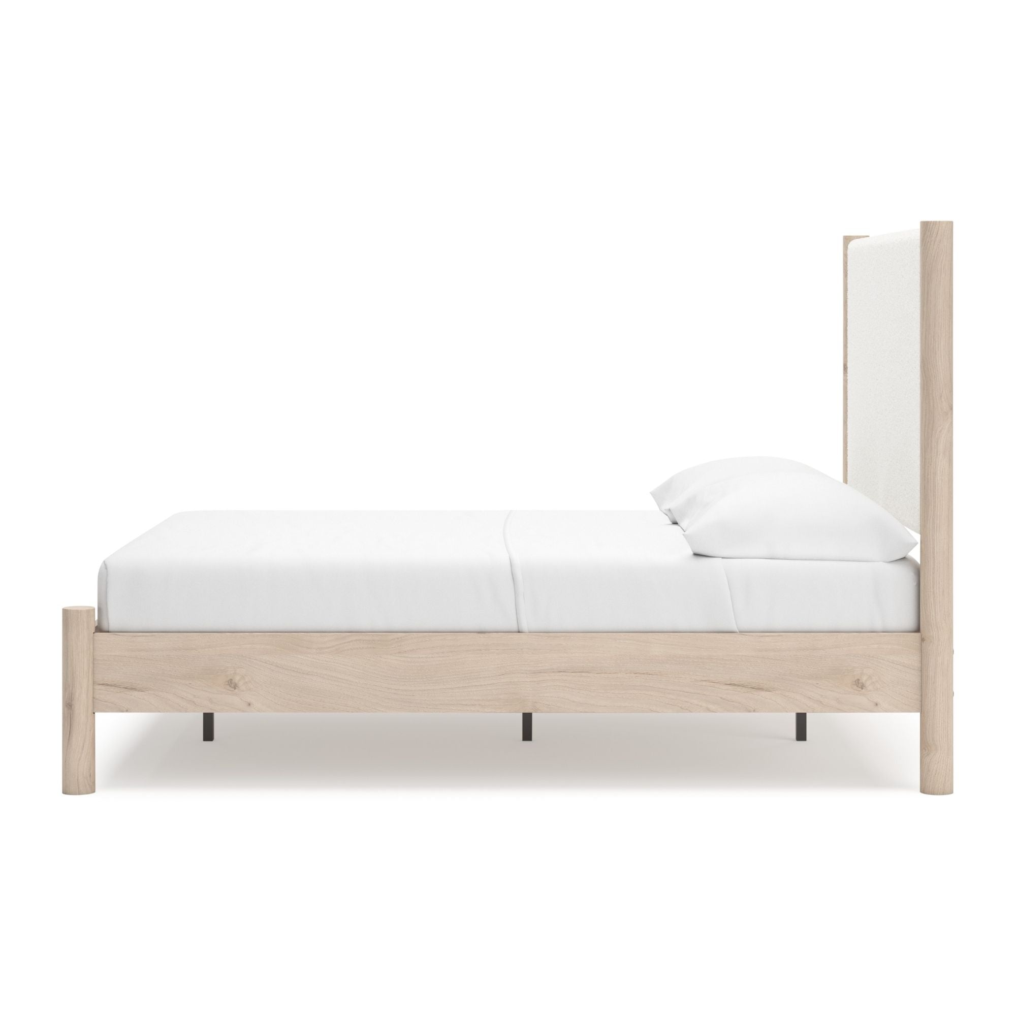 Natural upholstered panel platform bed by Signature Ashley with a padded headboard and clean-lined frame in a bedroom setting.