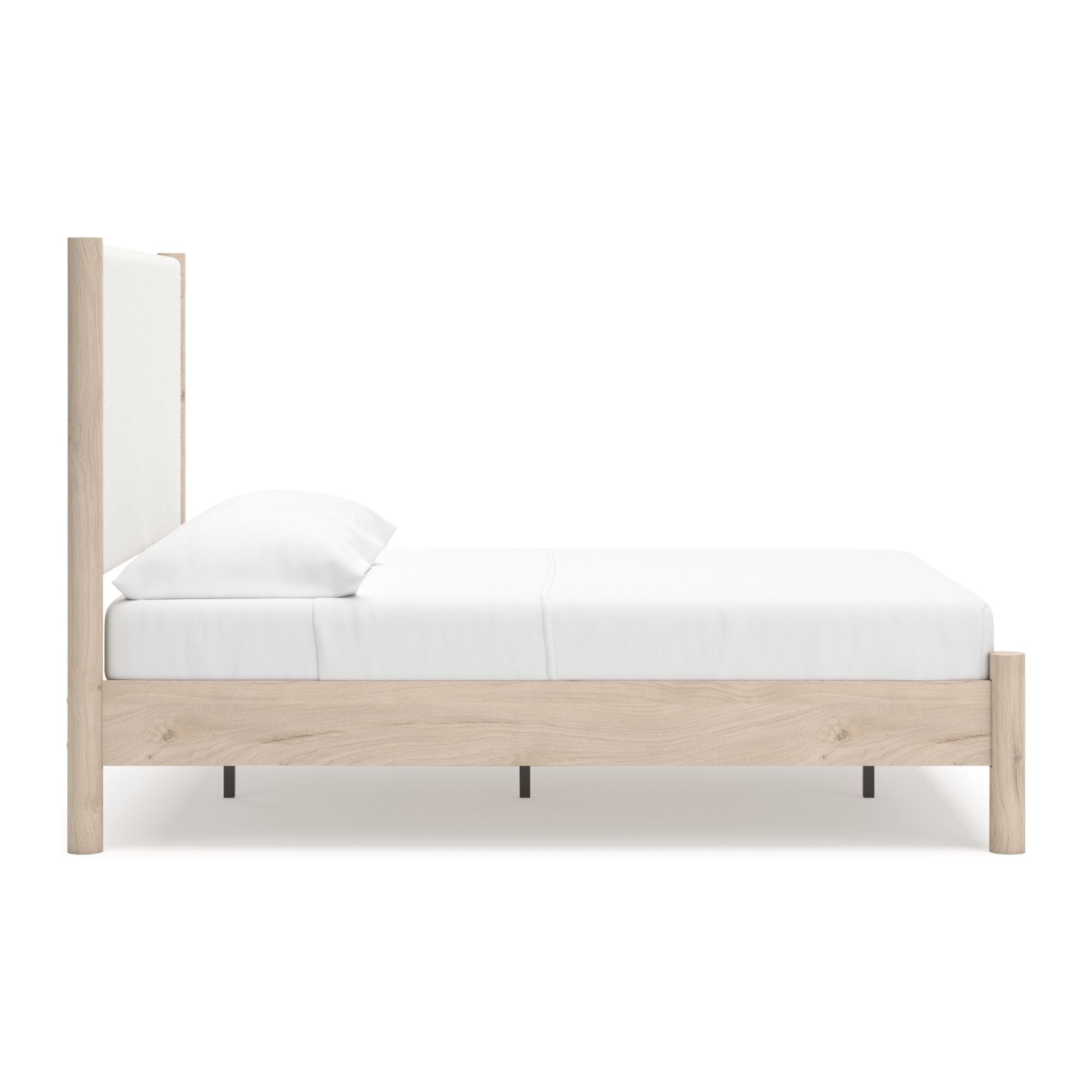 Natural upholstered panel platform bed by Signature Ashley with a cushioned headboard and sleek frame in a modern bedroom setting.