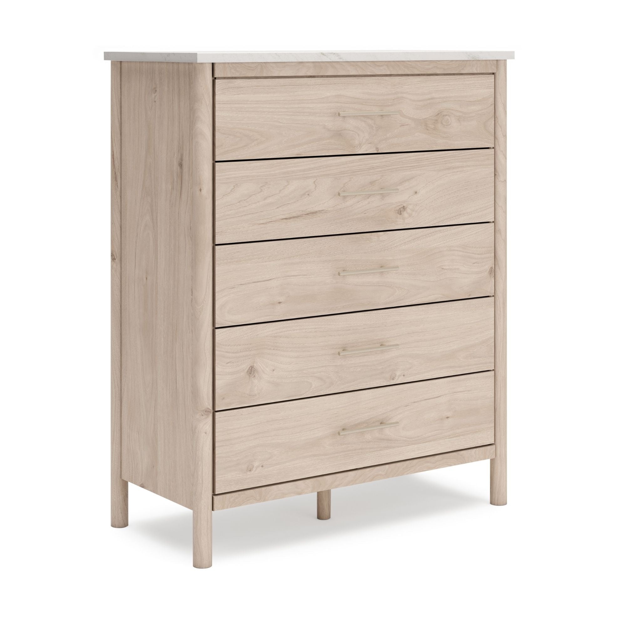 Natural oak finish Cadmori Five Drawer Wide Chest by Signature Ashley, showing five spacious drawers in a modern bedroom setting.
