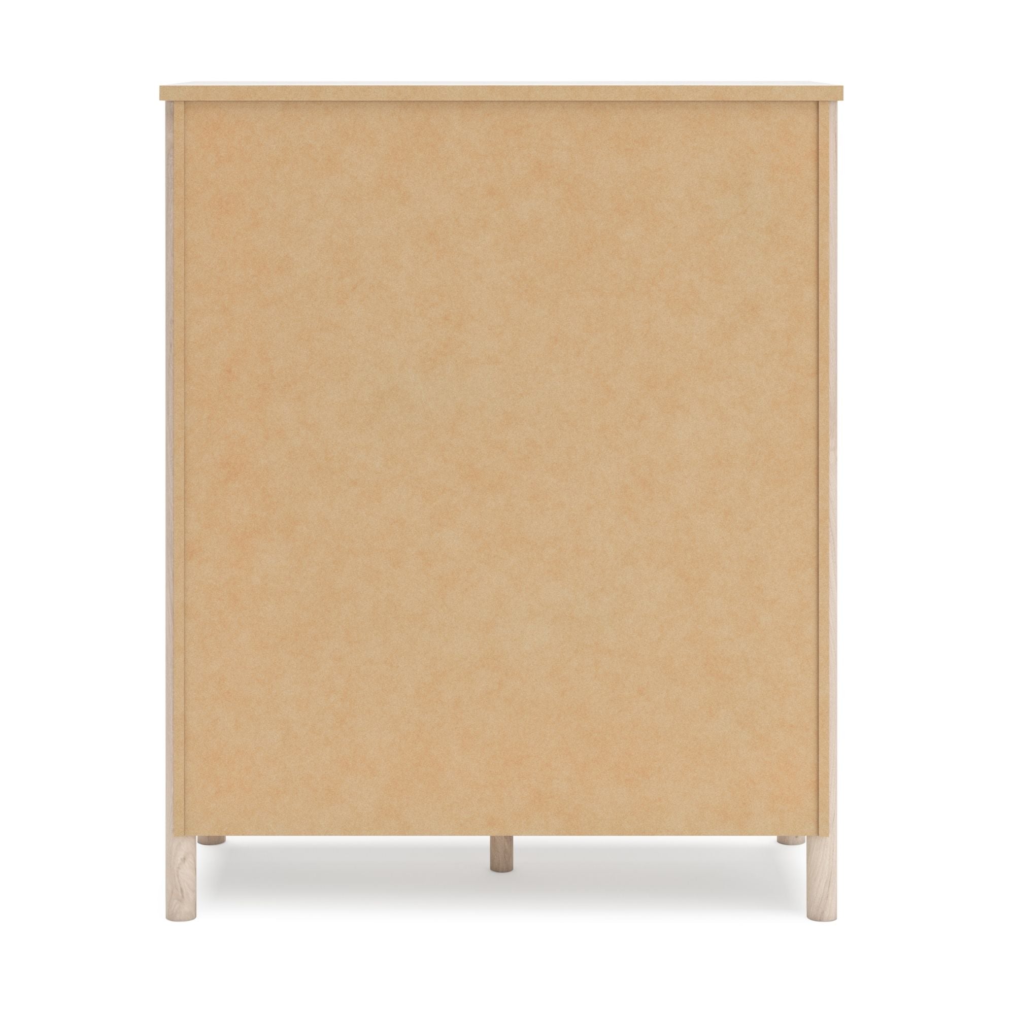 Natural wood Signature Ashley Cadmori five-drawer wide chest with sleek design and spacious drawers in a bedroom setting.