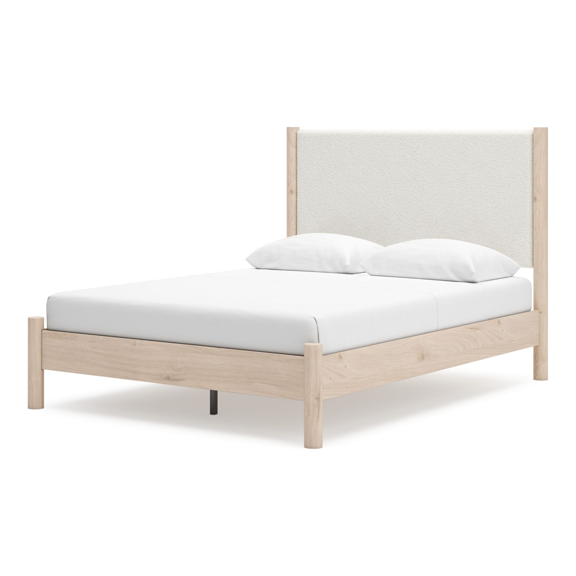 Natural upholstered panel platform bed by Signature Ashley with a padded headboard, shown in a modern bedroom setting.