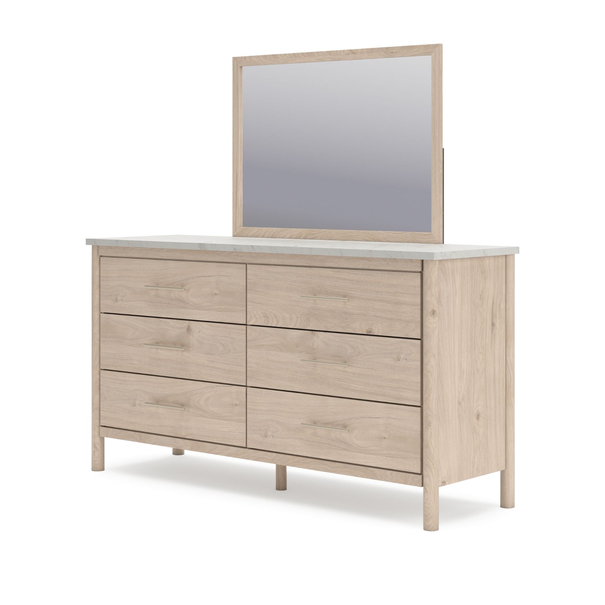 Natural wood Cadmori dresser with matching mirror from Signature Ashley, showcasing sleek design and spacious storage.