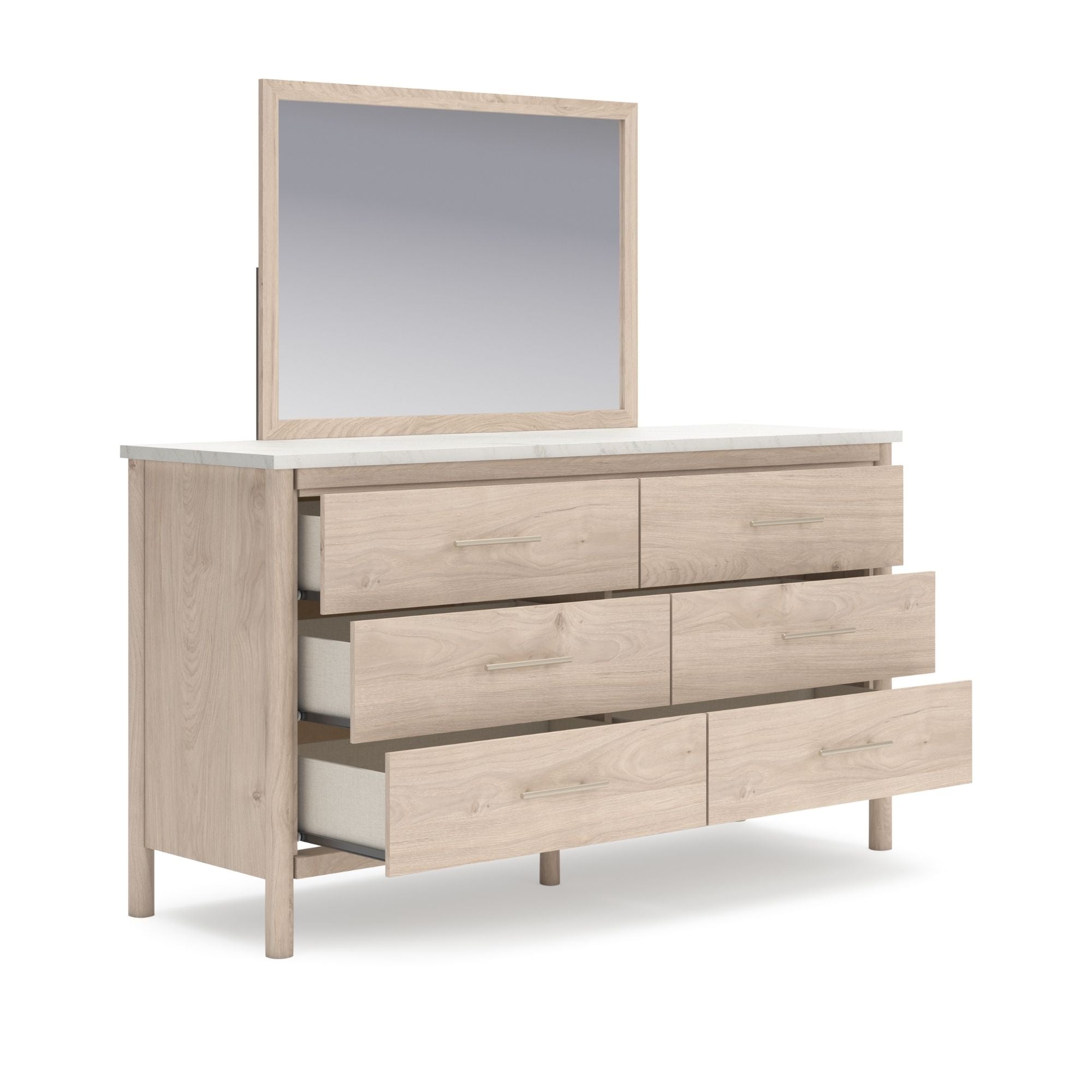 Signature Ashley Cadmori dresser and mirror set in natural finish, showcasing the sleek dresser with attached mirror.
