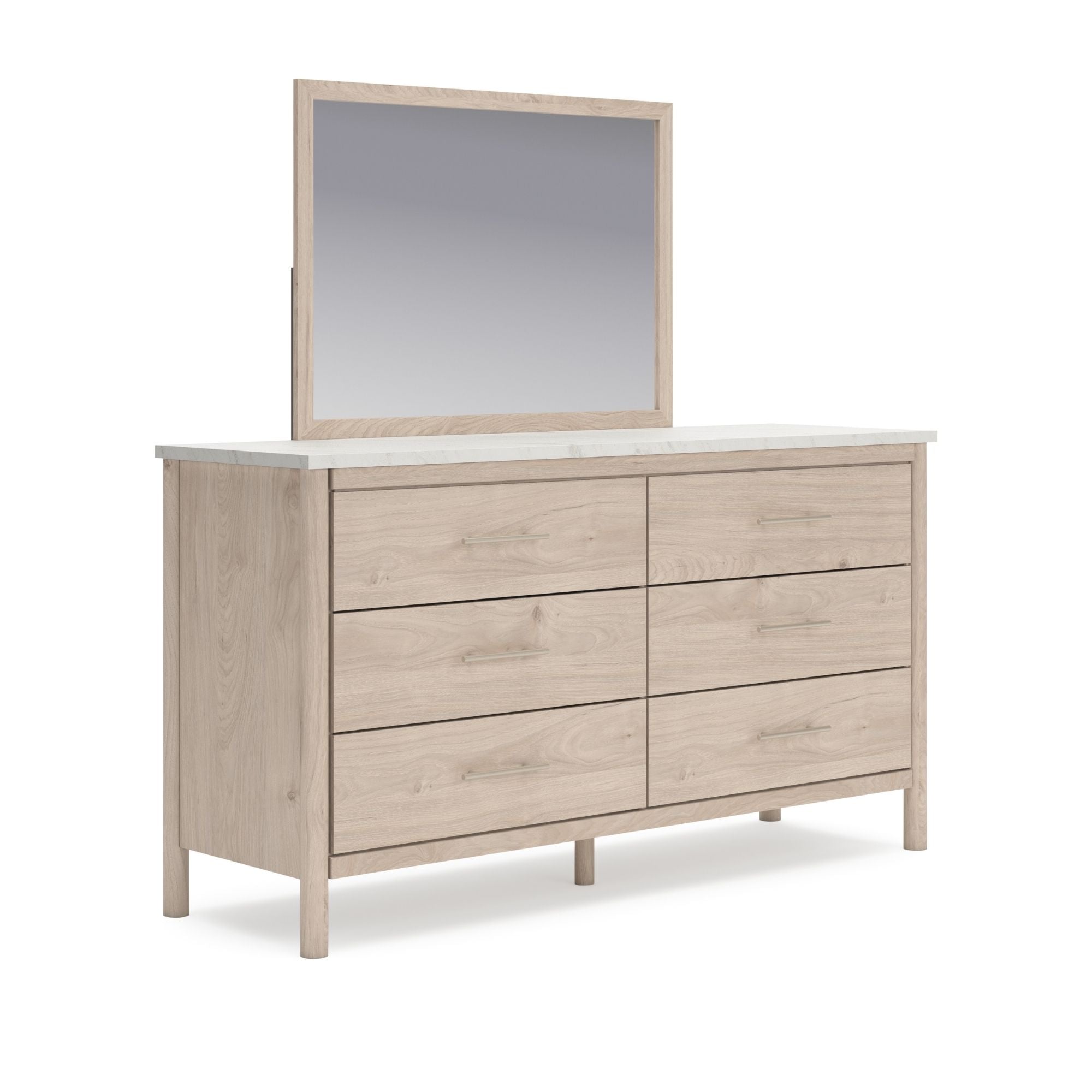 Signature Ashley Cadmori upholstered panel platform bedroom set in natural finish, includes bed frame and matching furniture.