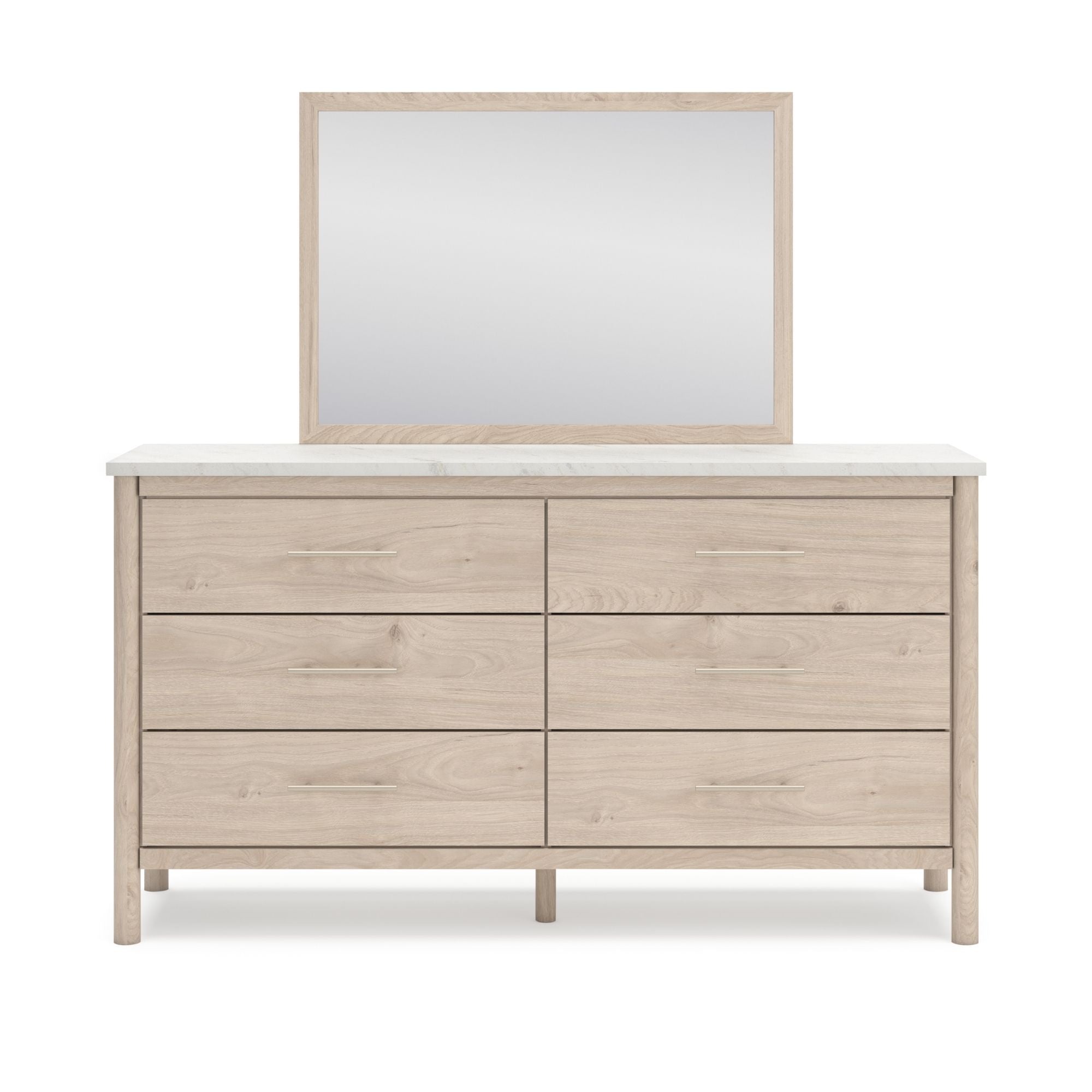 Signature Ashley Cadmori dresser and mirror set in natural finish, showcasing a stylish bedroom furniture collection.
