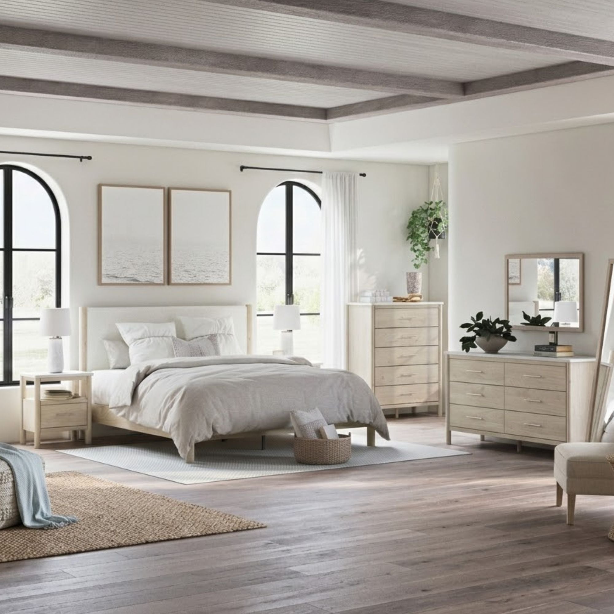 Natural upholstered panel platform bedroom set by Signature Ashley, featuring a modern design with a beige fabric finish.