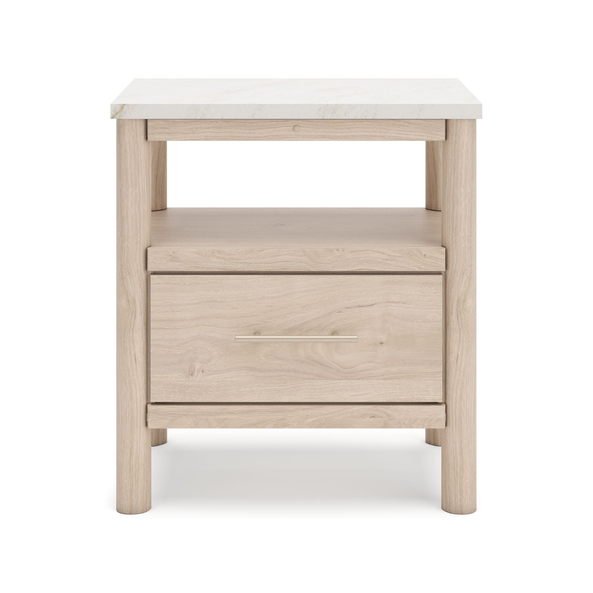 Natural wood nightstand with one drawer from Signature Ashley Cadmori bedroom set, featuring a simple, elegant design.