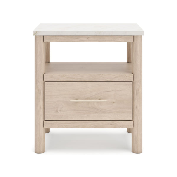 Natural wood nightstand with one drawer from Signature Ashley Cadmori bedroom set, featuring a simple, elegant design.