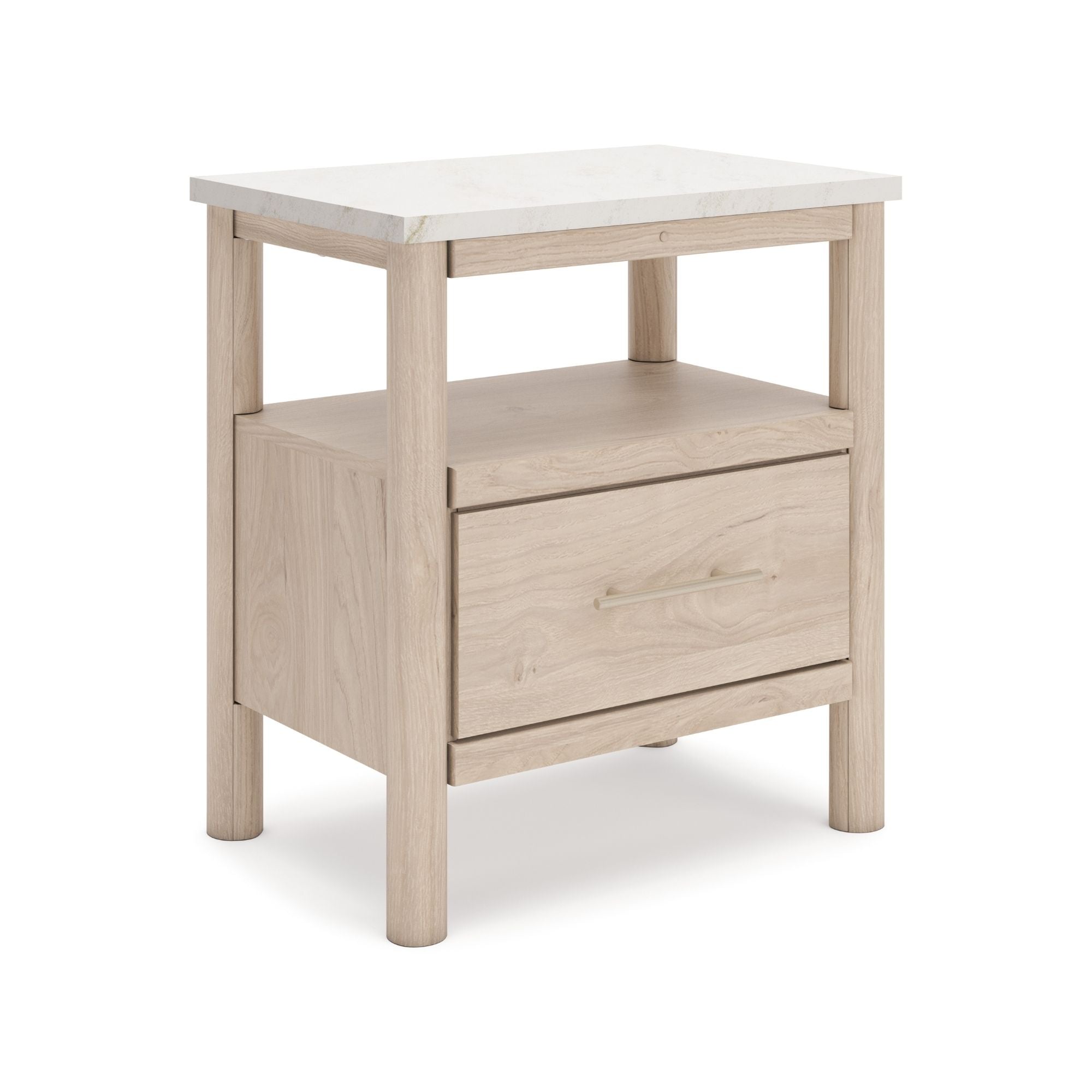 Ashley Cadmori upholstered panel bedroom set with natural finish, including bed frame, matching nightstands, and storage options.