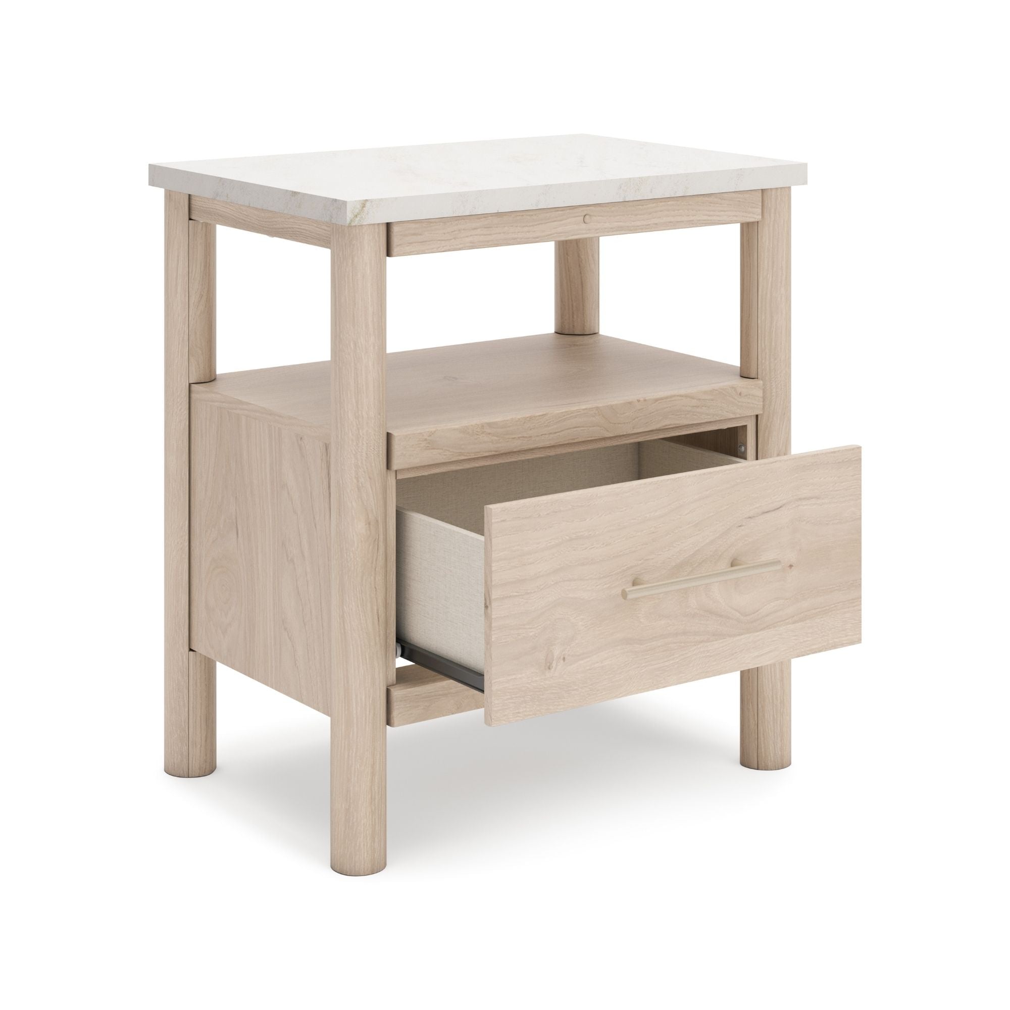 Natural upholstered panel platform bedroom set by Signature Ashley with a modern design and neutral tones in a well-made room.