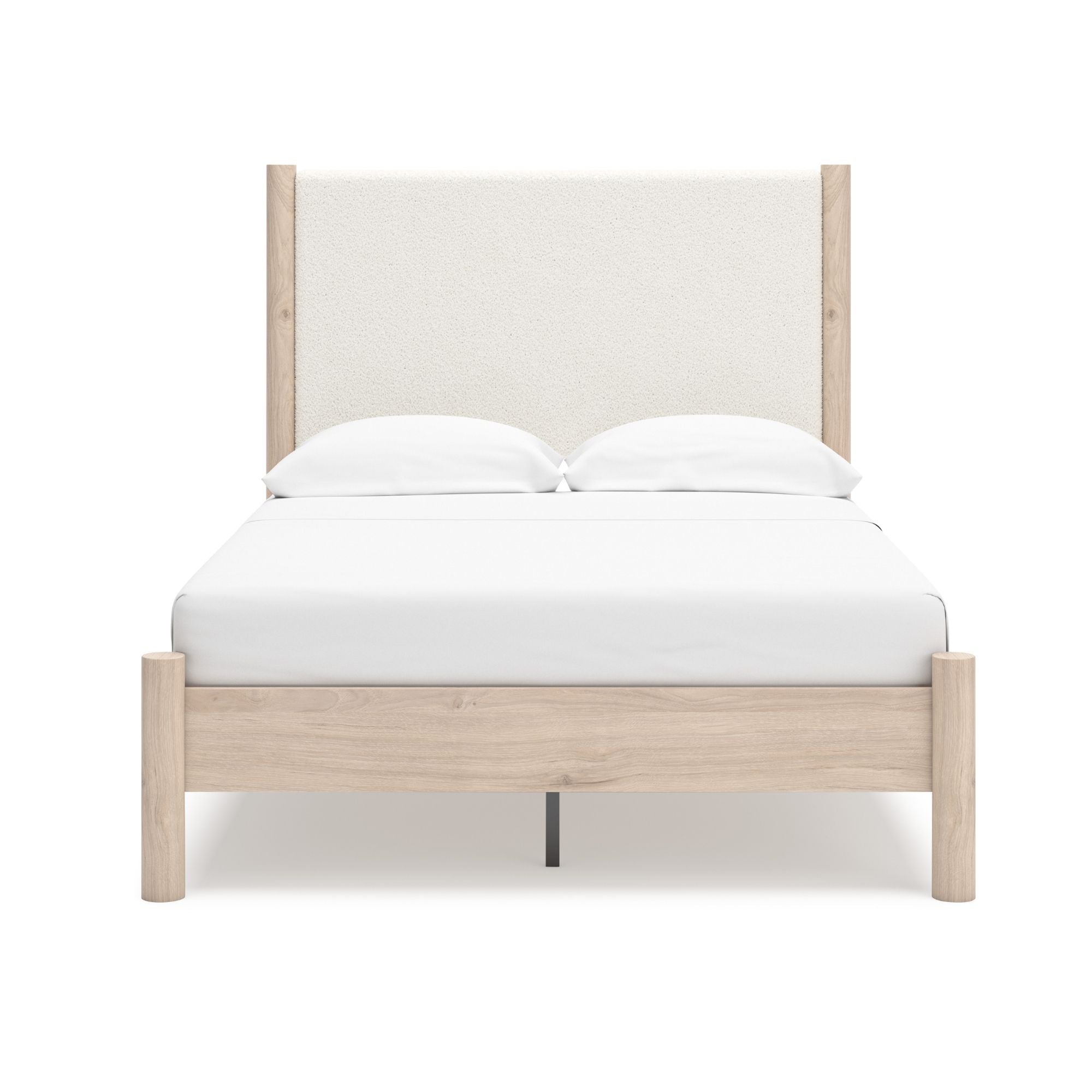 Signature Ashley Cadmori upholstered panel platform bed in natural finish with clean lines and padded headboard.