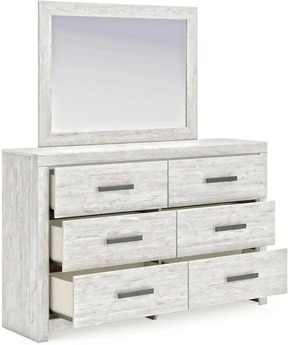 Signature Ashley Cayboni dresser and mirror set, featuring a wooden dresser with open mirror angle view and modern design.