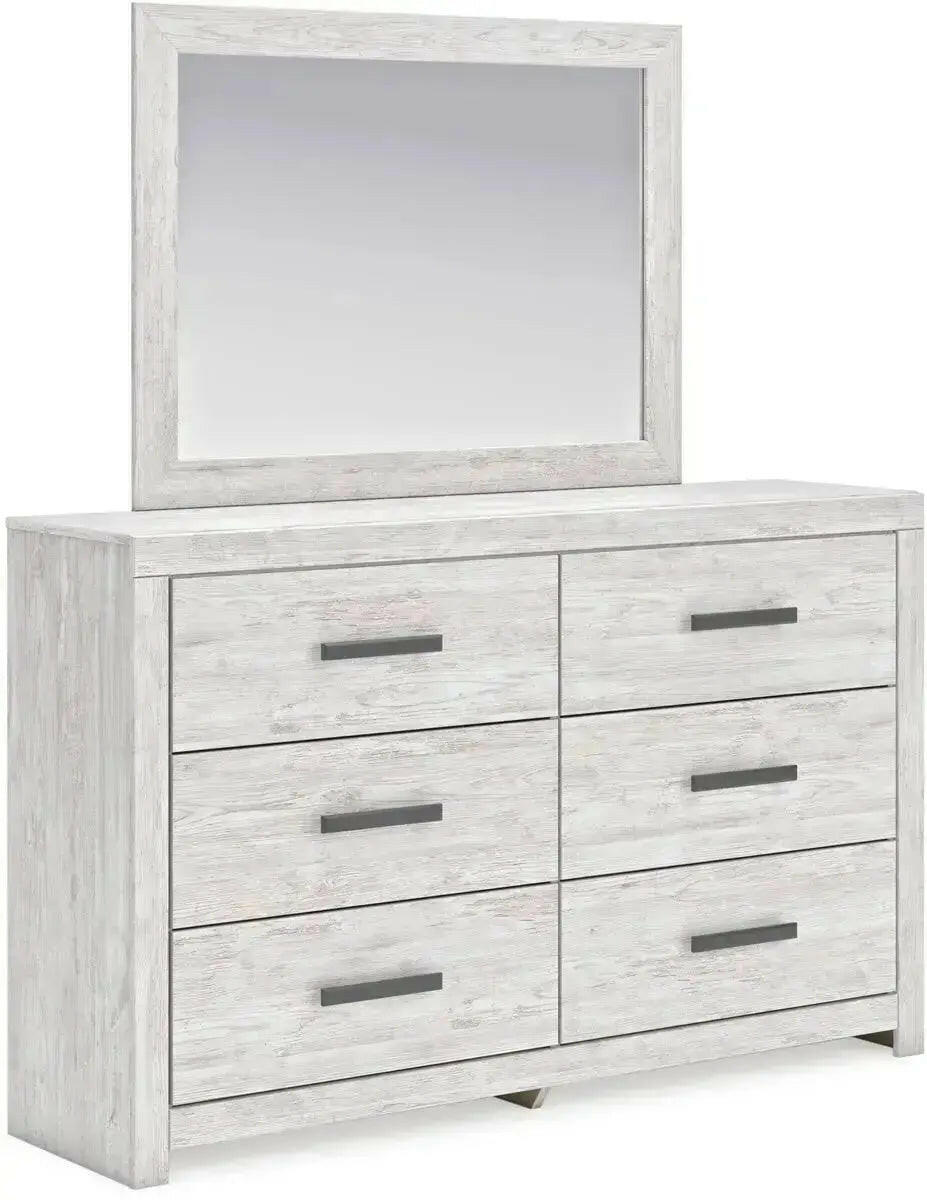 Signature Ashley Cayboni dresser and mirror set showing a wooden dresser with a matching mirror, modern design, and sleek finish.
